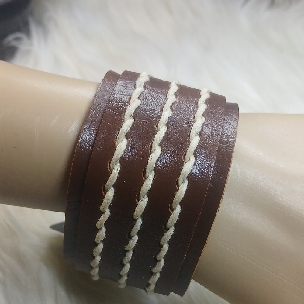Paparazzi Chocolate Leather Bracelet with Cream Details Urban, Cowboy For Men